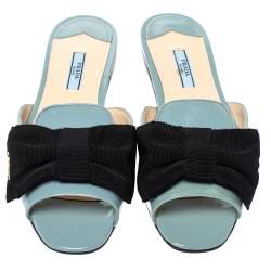 Pre Owned Prada Blue Patent Leather Bow Flat Slides Size 39.5