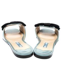 Pre Owned Prada Blue Patent Leather Bow Flat Slides Size 39.5