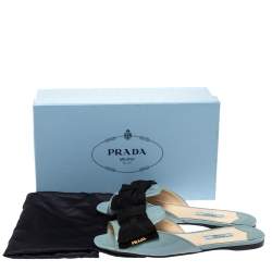 Pre Owned Prada Blue Patent Leather Bow Flat Slides Size 39.5