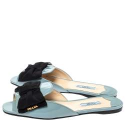 Pre Owned Prada Blue Patent Leather Bow Flat Slides Size 39.5