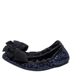 Pre Owned Prada Blue Sequin And Patent Trim Fabric Bow Logo Scrunch Ballet Flats Size 38.5