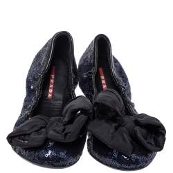 Pre Owned Prada Blue Sequin And Patent Trim Fabric Bow Logo Scrunch Ballet Flats Size 38.5