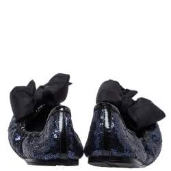 Pre Owned Prada Blue Sequin And Patent Trim Fabric Bow Logo Scrunch Ballet Flats Size 38.5