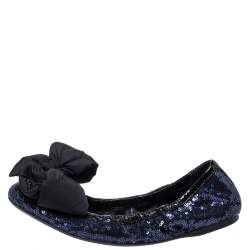 Pre Owned Prada Blue Sequin And Patent Trim Fabric Bow Logo Scrunch Ballet Flats Size 38.5
