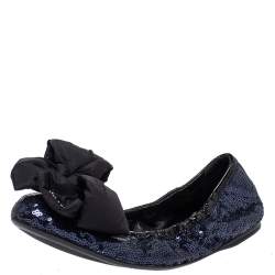 Pre Owned Prada Blue Sequin And Patent Trim Fabric Bow Logo Scrunch Ballet Flats Size 38.5