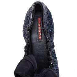 Pre Owned Prada Blue Sequin And Patent Trim Fabric Bow Logo Scrunch Ballet Flats Size 38.5