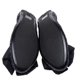 Pre Owned Prada Blue Sequin And Patent Trim Fabric Bow Logo Scrunch Ballet Flats Size 38.5