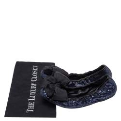 Pre Owned Prada Blue Sequin And Patent Trim Fabric Bow Logo Scrunch Ballet Flats Size 38.5