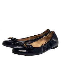 Pre Owned Prada Blue Patent Leather Bow Scrunch Ballet Flats Size 37.5