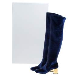 مملوكة مسبقًا Prada Navy Blue Velvet Stretch Over The Knee Boots Size 40