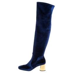 مملوكة مسبقًا Prada Navy Blue Velvet Stretch Over The Knee Boots Size 40