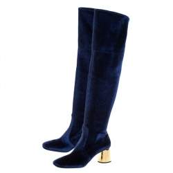 مملوكة مسبقًا Prada Navy Blue Velvet Stretch Over The Knee Boots Size 40