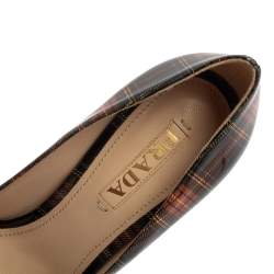 Pre Owned Prada Multicolor Check Patent Leather 'Tartan' Peep Toe Pumps Size 38.5