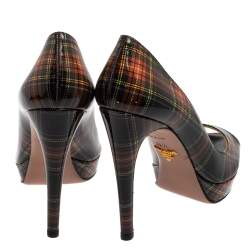 Pre Owned Prada Multicolor Check Patent Leather 'Tartan' Peep Toe Pumps Size 38.5