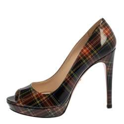 Pre Owned Prada Multicolor Check Patent Leather 'Tartan' Peep Toe Pumps Size 38.5