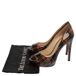 Pre Owned Prada Multicolor Check Patent Leather 'Tartan' Peep Toe Pumps Size 38.5