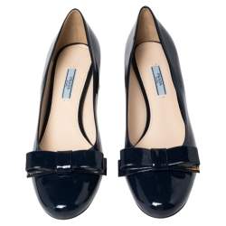 Pre Owned Prada Blue Patent Leather Bow Block Heel Pumps Size 41
