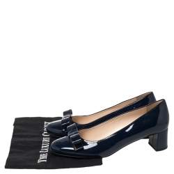 Pre Owned Prada Blue Patent Leather Bow Block Heel Pumps Size 41