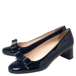 Pre Owned Prada Blue Patent Leather Bow Block Heel Pumps Size 41