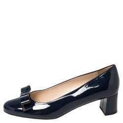Pre Owned Prada Blue Patent Leather Bow Block Heel Pumps Size 41