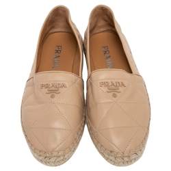 Pre Owned Prada Beige Quilted Leather Logo Espadrilles Slip On Loafers Size 37