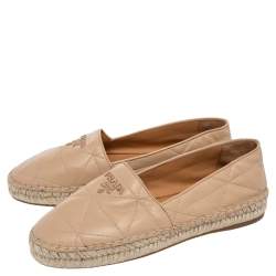 Pre Owned Prada Beige Quilted Leather Logo Espadrilles Slip On Loafers Size 37