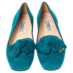 Pre Owned Prada Blue Suede Bow Ballet Flats Size 40.5