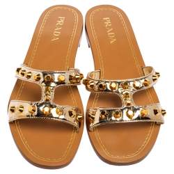 Pre Owned Prada Gold Leather Studded Flat Slides Size 41