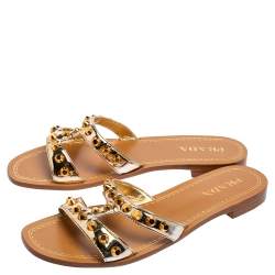 Pre Owned Prada Gold Leather Studded Flat Slides Size 41