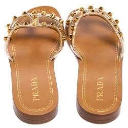 Pre Owned Prada Gold Leather Studded Flat Slides Size 41
