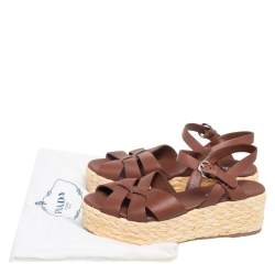 Pre Owned Prada Brown Leather Platform Wedge Espadrille Sandals Size 40