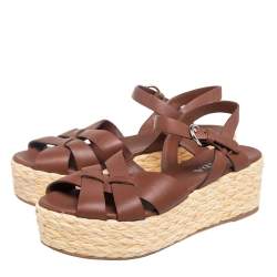 Pre Owned Prada Brown Leather Platform Wedge Espadrille Sandals Size 40
