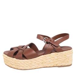 Pre Owned Prada Brown Leather Platform Wedge Espadrille Sandals Size 40