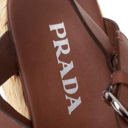 Pre Owned Prada Brown Leather Platform Wedge Espadrille Sandals Size 40