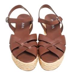 Pre Owned Prada Brown Leather Platform Wedge Espadrille Sandals Size 40