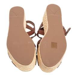 Pre Owned Prada Brown Leather Platform Wedge Espadrille Sandals Size 40