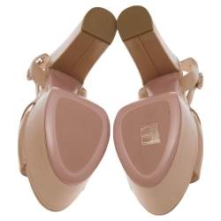 Pre Owned Prada Beige Saffiano Patent Leather Ankle Strap Block Heel Platform Sandals Size 40