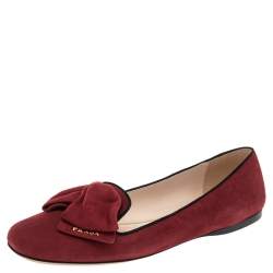 Pre Owned Prada Red Suede Bow Ballet Flats Size 40