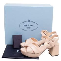 Pre Owned Prada Nude Pink Saffiano Lux Leather Crisscross Ankle-Strap Platform Sandals Size 36