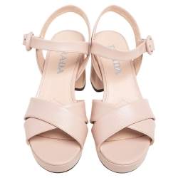 Pre Owned Prada Nude Pink Saffiano Lux Leather Crisscross Ankle-Strap Platform Sandals Size 36
