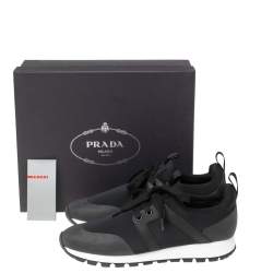 Pre Owned Prada Black Fabric And Leather Lace Up Sneakers Size 39
