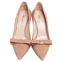 Pre Owned Prada Beige Patent Leather Bow Pointed Toe Pumps Size 37