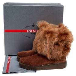 Pre Owned Prada Sport Brown Suede and Fur Zip Mid Calf Boots Size 39.5 