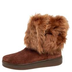 Pre Owned Prada Sport Brown Suede and Fur Zip Mid Calf Boots Size 39.5 