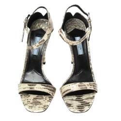 Pre Owned Prada Beige/Brown Lizard Embossed Leather Ankle-Strap Sandals Size 39