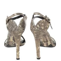 Pre Owned Prada Beige/Brown Lizard Embossed Leather Ankle-Strap Sandals Size 39
