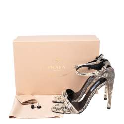 Pre Owned Prada Beige/Brown Lizard Embossed Leather Ankle-Strap Sandals Size 39