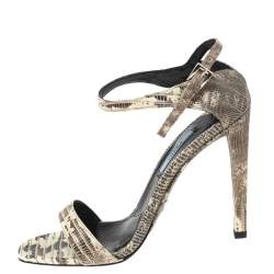 Pre Owned Prada Beige/Brown Lizard Embossed Leather Ankle-Strap Sandals Size 39