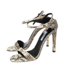 Pre Owned Prada Beige/Brown Lizard Embossed Leather Ankle-Strap Sandals Size 39
