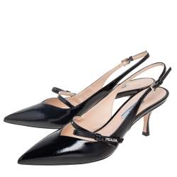 Pre Owned Prada Black Vernice Saffiano Leather Bow Pointed-Toe Slingback Pumps Size 40
